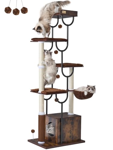 FourFurPets Cat Tree for Large Cats Modern Cat Tree Tower with Scratching Post 74 Wooden Cat Tower for Multiple Adult Cats Cat Condo for Adult Cats 4 Large Perch 1 Cat Caves Rustic Brown