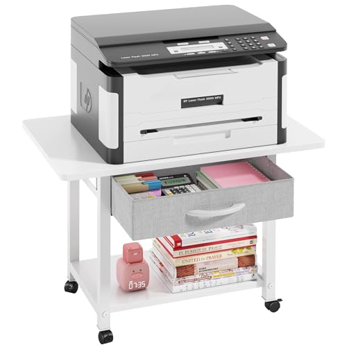 Druckertisch mit Rollen, 56x38cm Mobiler Druckerständer Schreibtisch mit Stoffschublade, Home Office Druckerhalter Büro Druckerwagen Drucker Regal, Printer Stand, Weiß