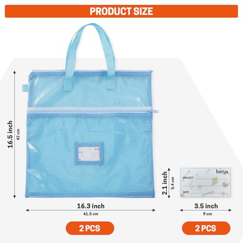 Image of BERYA 16.14 x 16.14 inch Sewing Project Bag, Large Double Pocket Craft Bag Organizer Tote with Handles, Clear Mesh Art Supply Bag for Quilting, Knitting, Embroidery Projects Storage (Blue-2 Pack)