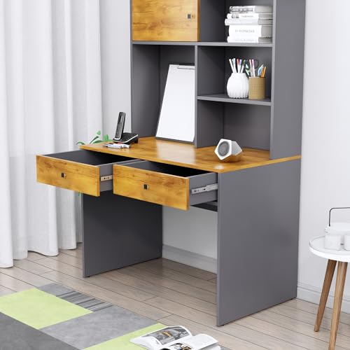 Image of Bniture Wooden Study Table for Home | Engineered Wood Study Table with 2 Drawers | Multi Purpose Computer Desk for Writing & Study | Laptop Table for Study Room & Office | Slate Grey & Giant Wood