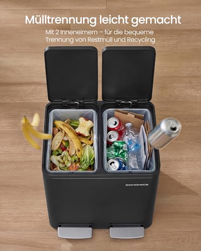 SONGMICS Mülleimer Küche, 2 x 15 L, 2 Fächer, Stahl, Softclose-Deckel – Ansicht 6