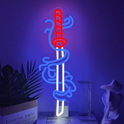 RuCvixkt Panneau Néon Épée, Signes Néon d'Anime Japonais Samurai pour la Décoration de Salle de Jeu des Adolescents, Panneau Lumineux pour la Décoration...