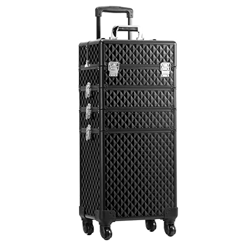 Qivange Makeup Train Case,4 in 1 Professional Rolling Makeup Trolley Case Aluminum Artists Jewelry Cosmetic Storage Case with 360° Swivel Wheels