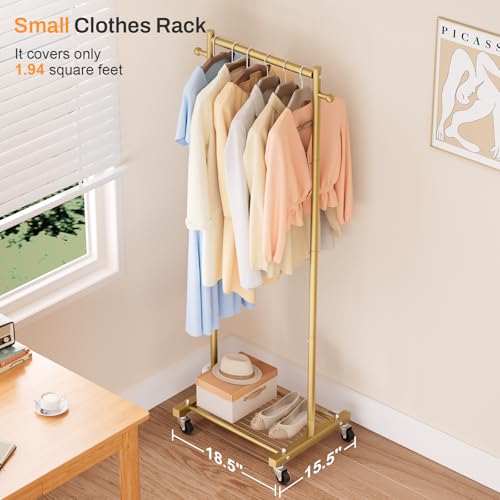 MISSLO Small Clothes Racks for Hanging Clothes Clothing Rack with Wheels 60" Garment Rack with Shelves Portable Rolling Wardrobe Rack for Small Space (Gold) by MISSLO - Used condition - Image 7