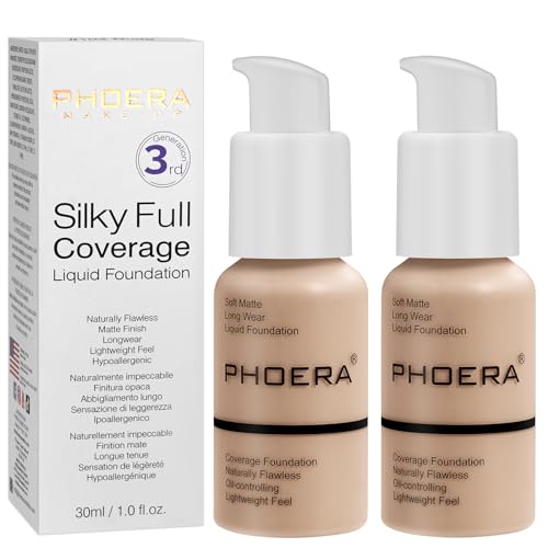 PHOERA Foundation,PHOERA Grundierung Makeup Concealer Full Coverage, Anti Aging Hydrating Serum with matte Natural lightweight Finish (2pcs- 102- Nude)