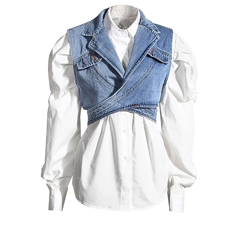 BAIMORE Women's 2 Piece Outfit Solid Button Down Puff Long Sleeve Shirt with Irregular Denim Vest Set