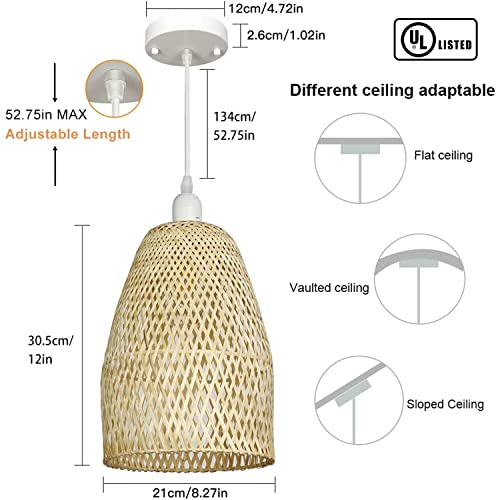 Depuley Hand-Woven Pendant Light, Rattan Pendant Light Hanging Ceiling Lamp, Adjustable Natural Woven Bamboo Chandeliers For Kitchen Island Farmhouse Living Room Dining Room Beige, E26 #TOP2