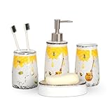Vintage Ceramic Bathroom Accessories Set,Bathroom Vanity Decor Set,Luxury Cartoon Yellow Bee Honey Printed 4 Piece Contain Soap Dispenser, Tumbler,Toothbrush Holder,Soap Dish for Home Hotel Toil