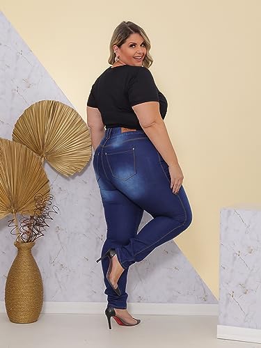 Calça Feminina Jeans Skinny Simples com Risco Plus Size Tamanho:56;Cor:Azul