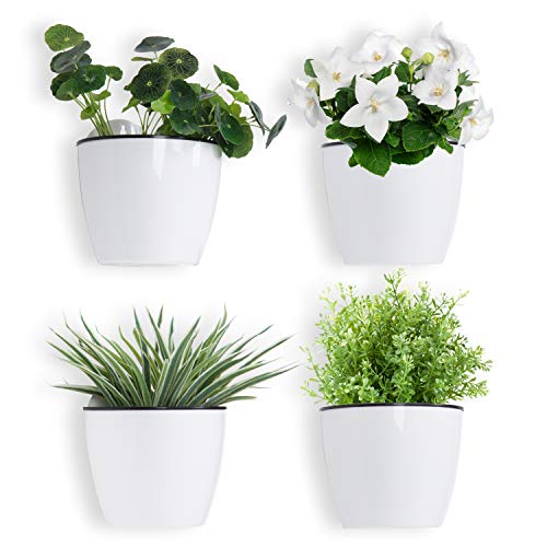 Mygift Wall Mounted White Plastic Hanging Self Watering Planter Pot, Small Flower Cactus Herbs Plant Container Wall Planter Set Of 4 #TOP6