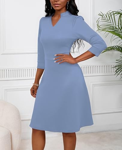 Image of PerZeal Women's Casual Flowy A-Line Midi Dress Flared V-Neck Colorblock Print for Wedding Guest 3 /4 Sleeve Dress with Belt