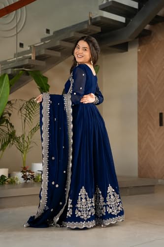 Image of Women Omkar Textile's Georgette Anarkali Gown with Dupatta Set, Embroidered, Wedding, Floor Length