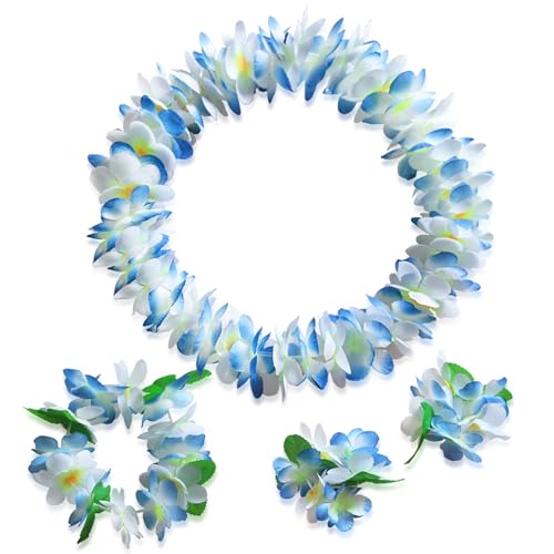 Aacehlh Hawaiian Luau Flower Leis Necklace Headband Bracelets Set Perfect Luau Party Supplies for Summer Beach Vacations Essential Party Decorations for Birthday Graduation and Wedding Celebrations (Blue)