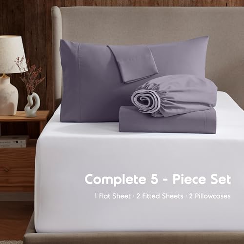 Image of Nestl Split King Bed Sheet Set - Grayish Purple - 5-Piece Deep Pocket | Instantly Soft, Night-One Ready (No Wash Required). Fits 16-Inch Deep Pockets, 360-Degree Elastic Grip