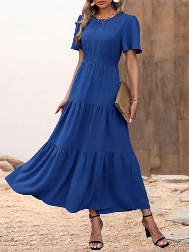 Image of PRETTYGARDEN Women's Casual Smocked Boho Floral A-Line Maxi Dress 2026 | Summer Short Flutter Sleeve Crewneck Tiered Long Sundress,Fall Wedding Guest Dresses,Spring Cute Flowy Beach Vacation Clothes
