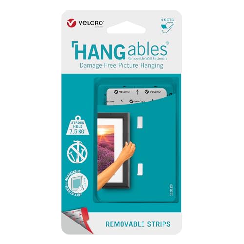 Image of VELCRO Brand Picture Hanging Strips, Large | HANGables Damage Free Picture Hangers | Strong Holds up to 16.5lb (7.5kg) Per Set of 4 | 1 x 3in Strips, 4 Sets