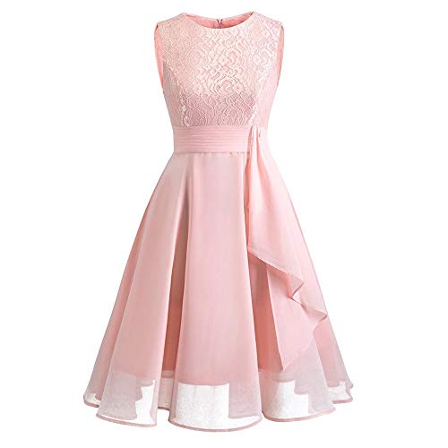 Lazzboy Damen Kleid Sommer Elegant Kleider Spitzenkleid Knielang Festlich Hochzeit Partykleid Rockabilly Retro Cocktailkleid Sommerkleid Ärmellos Großes Pendel Lose Langes Dress(Rosa,XL)