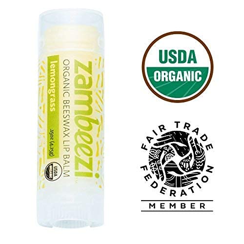 Zambeezi Organic, Fair Trade Beeswax Lip Balm - Lemongrass 3 Pack - Ethically Sourced #TOP1