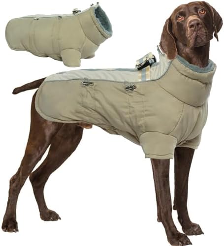 Dog Coat, Winter Windproof Waterproof with Reflective Stripes Harness Belly Protection Cuddly Clothing in Cold Weather for Small Medium Large Dogs (Beige, XS