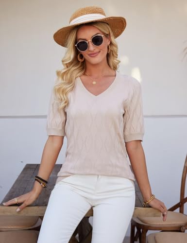 Image of CiCiBird Women Summer Short Puff Sleeve Sweater V Neck Knit Pullover Tops Casual Trendy Ribbed Shirt Apricot M