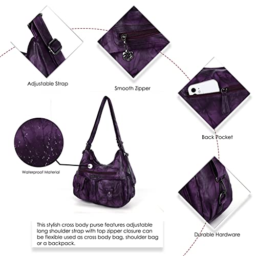 Angel Barcelo Women Multifunctional Soft Leather Handbag Purses Shoulder Hobo Backpack Crossbody Zipper Bag With Pocket (Fashion Purple) #TOP3