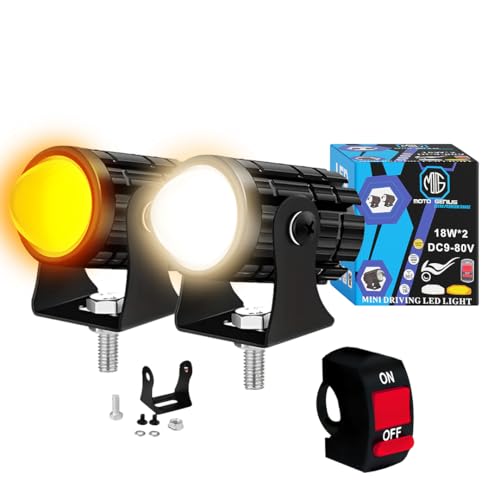 Image of 18W LED Motorcycle Fog Light with Switch - Dual Color Yellow & White | Projector Headlight with Lens | Waterproof Spotlight Lamp | Universal Fit for Bikes & Scooters (Pack of 2)