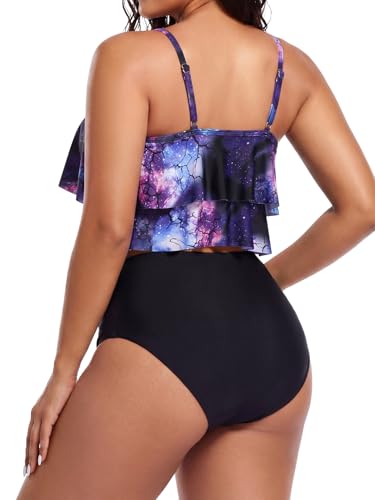 Image of Bathing Suits for Women High Waisted Swimsuits Tummy Control Two Piece Tankini Ruffled Top with Swim Bottom Bathing Suits