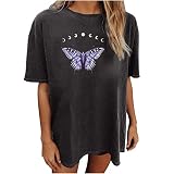 Oversized Pull Femmes Surdimensionné Loose Court Femmes T-shirt Chemise Moon-Butterfly Imprimé Top Manches Blouse pour Femmes Jean Veste Femme Avec Dentelle, lilas, M