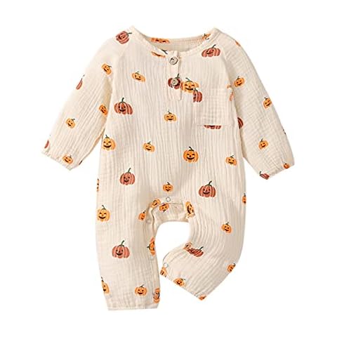Twopumpkin Beige One-Piece Outfit (0-3 Months) Cotton Blend Long Sleeve Onesie Romper Jumpsuit for Babies, Toddlers, Unisex - Halloween, Party, Casual Cover