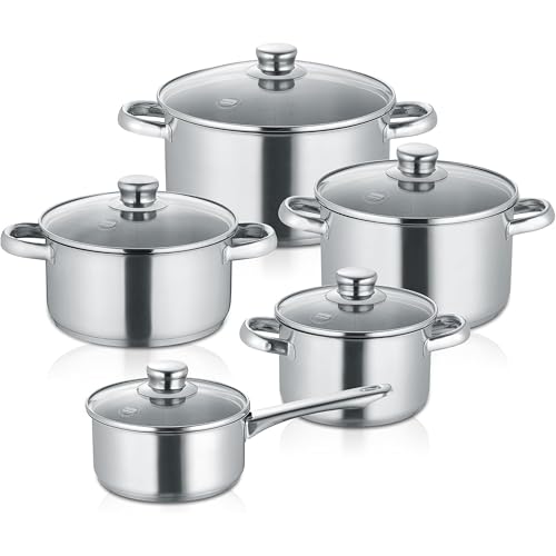 Berndes 5-teiliges Topfset New Roma, Kochtopf Set aus Edelstahl, induktionsgeeignet, Töpfe mit Deckel, new Roma Bratentopf 20