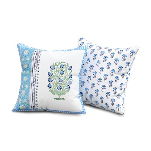 Image of BLOCKS OF INDIA Hand Block Printed Cotton Cushion Cover (16 x 16 inches) (Blue Green Half)
