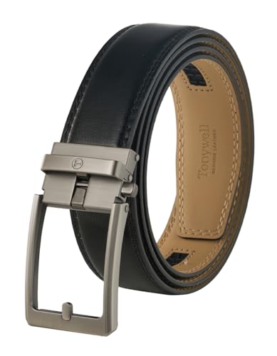 Image of Tonywell Men's Leather Ratchet Belt, 1 3 /8 inch Adjustable Dress Belt, Trim to Fit
