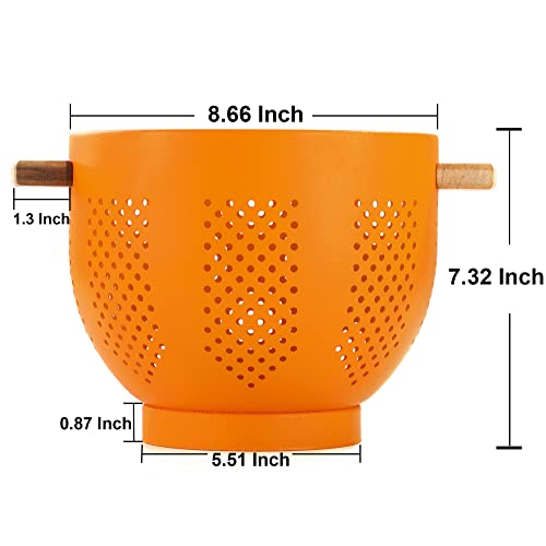 Metal Colander With Wood Handle And Stable Base, Powder Coated Steel Kitchen Strainer Basket For Draining Pasta, Vegetable And Fruit (5.5 Quart, Matte Orange) #TOP1
