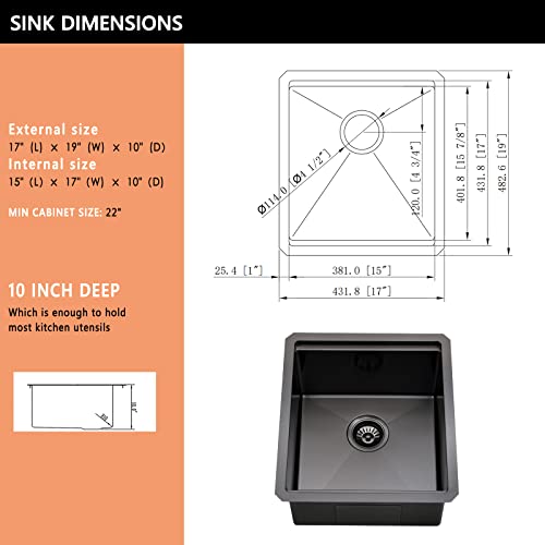 Black Stainless Steel Bar Sink Undermount-Hachenl 17”×19” Undermount Bar Sink Workstation Ledge Rv Sink 16 Gauge Black Stainless Steel Bar Sink 10 Inch Deep Single Bowl Kitchen Sink Bar＆Prep Sink #TOP4