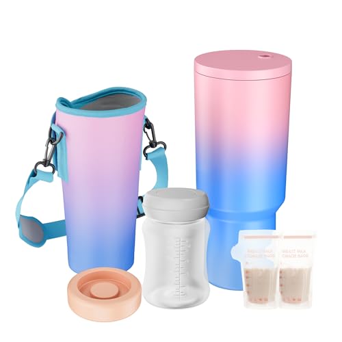 Image of 40oz Portable Breast Milk Cooler, 24-Hour Insulation for Outdoor, Travel, Work & Picnic, Includes 1 Milk Storage Bottle, 6 Breast Milk Storage Bags, (Pink-Blue Gradient)