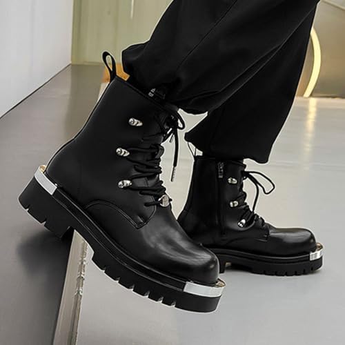 Men's Leather Lace-up Platform Military Combat Boots Round Toe Side Zipper Comfort Chunky Heel Lug Sole Non-Slip High Top Biker Ankle Booties4