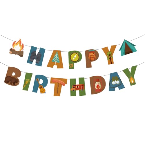 BIEUFBJI Camping Happy Birthday Banner, Camping Theme Happy Birthday Banner