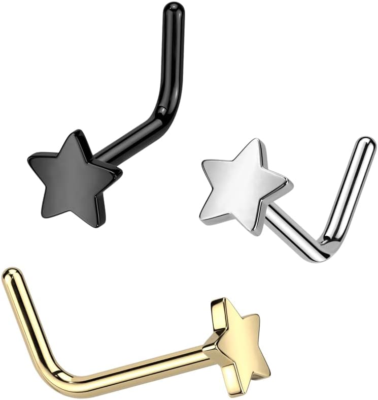 Pierced Owl 20GA ASTM F-136 Implant Grade Titanium Star Top L-Bend Nose Stud