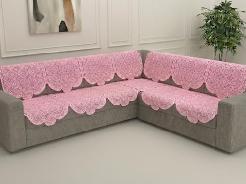 Image of Fab Nation Sofa Cover L Shape 7 Seater with Corner L Type Fully Covered Sofa Set for Living Room | Cotton Sofa Slipcovers for 4 + 3 Seaters Cover Set | Pink Circle
