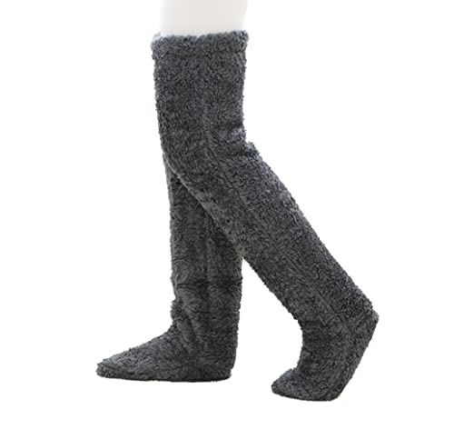 XACKWUERO Plüsch Pantoffel Strümpfe Pelz lange Beinwärmer für Frauen Männer über Knie hoch Fuzzy Socken Winter Home Schlafen Socken (Dunkelgrau)