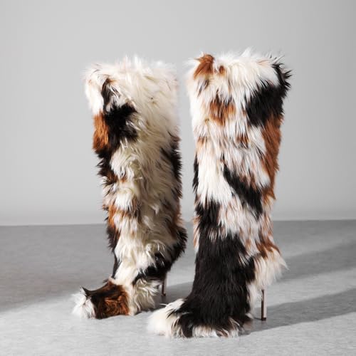 FancyQueen Faux Fur Boots for Women Knee High Furry Heel Boots Fashion Pointed Toe Snow Winter Boot Warm Women Boot — view 5