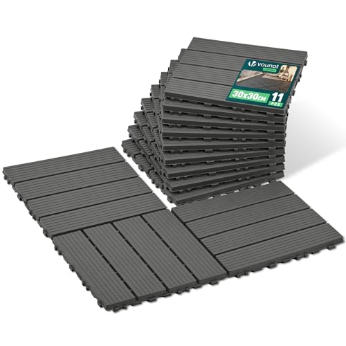 VOUNOT® Lot de 11 Dalles Clipsables Extérieur 30x30 cm Caillebotis de Terrasse Antidérapants et Drainants Dalles de Sol Découpables Résistantes à l’Eau...