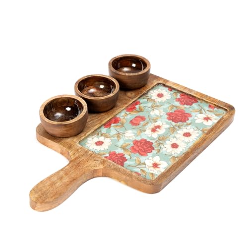 Image of Handcrafted Mango Wood Serving Platter with 3 Dip Bowls | Traditional Jamawar Kashmiri Print | Waterproof, Heat-Resistant, Food-Safe Lacquer Finish | 15.5 x 10 Inch | Made in India (3Katori-AquaRed)