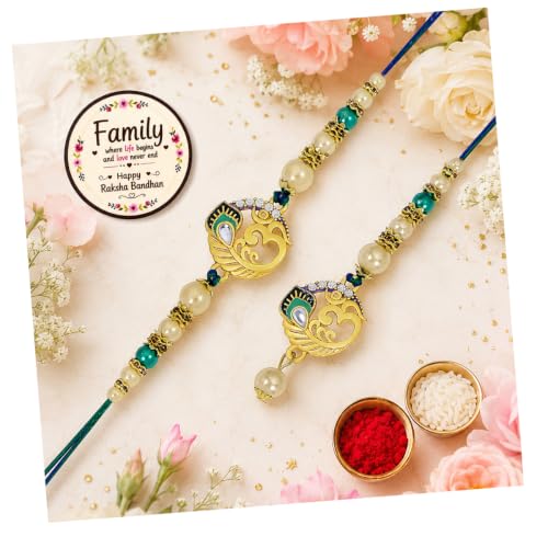 Image of Riddhika Ventures Glorious Gold Plated Religious Diamond Ring Rakhi || Traditional Rakhi Set of 2 & Festive Gift || Rakhi Gift Combo for Bhaiya Bhabhi