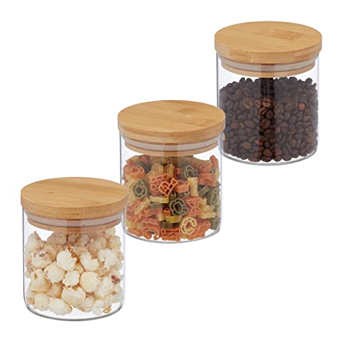 Relaxdays Botes Cristal 500 ml, Set 3, Recipientes Cocina Pequeños, Tapa Bambú, Tarros Herméticos, Transparente/Natural