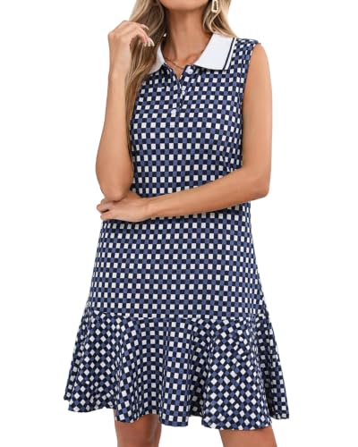 Image of YEXPINE Women's Sleeveless Polo Dress Ruffle Hem Lapel V Neck T-Shirt Summer Mini Dresses