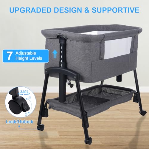 Kisdream® 3-in-1 Next to Me Crib: Baby Crib with Mattress | Co-Sleeper 5 Height Levels - Baby Cradle Folding Adjustable & Rocking - Bassinet with Wheels | Portable Cot & Bed for Travel - Image 6