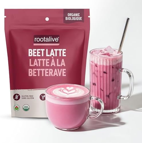 Rootalive Organic Beet Latte 120g Made in Canada with 100% Natural Beetroot Powder infused with Cacao powder and ginger, Caffeine-Free Vegan and Keto Friendly Hot or Cold