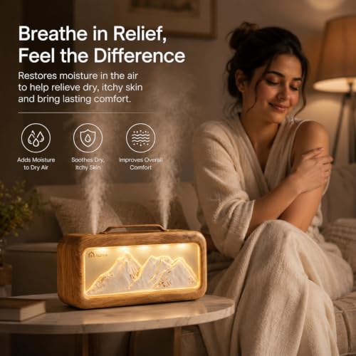 Image of Auroa Ultrasonic Cool Mist Humidifier for Room Moisture | Wood Grain Essential Oil Diffuser for Home |Mountain Mist Maker Fogger with 4 Light Modes & Auto Shut Off | Home Decor