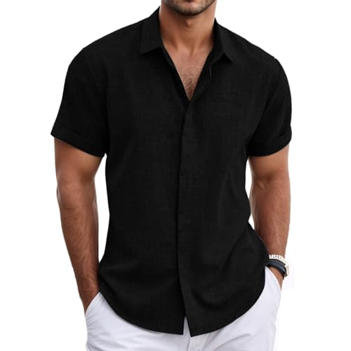 Neteson Camisa de Lino Hombre de Botones Camisa de Manga Corta Informales Casual Top Camisas Verano Suelta Playa Color Sólido T Shirt